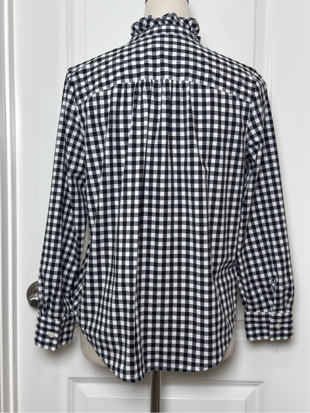 Ann Taylor Petite Black and White Gingham Ruffle Collar Button-Down Shirt - Picture 5 of 10